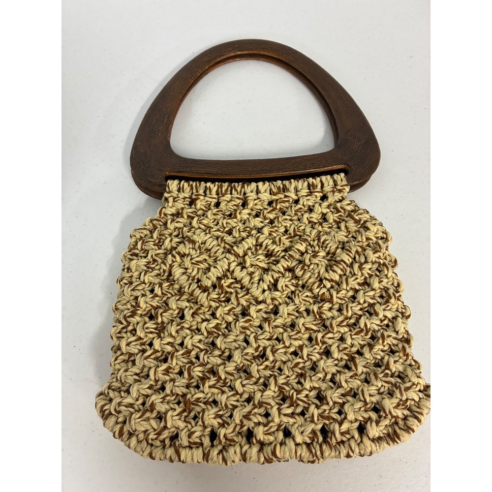 Vintage Crochet Handbag Wood Handle Beige Brown Woven Boho Knit Tote Bag